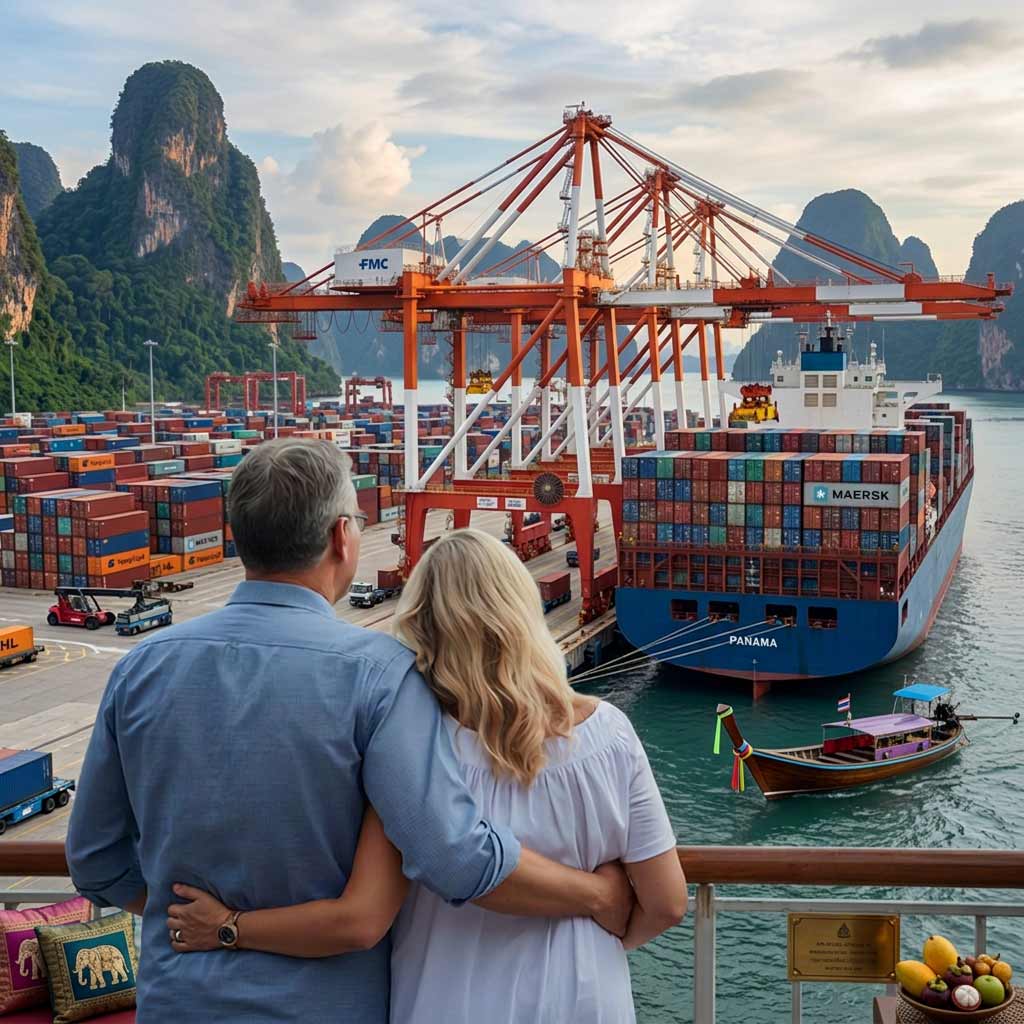 Container werden im Hafen für die Seefracht nach Thailand verladen